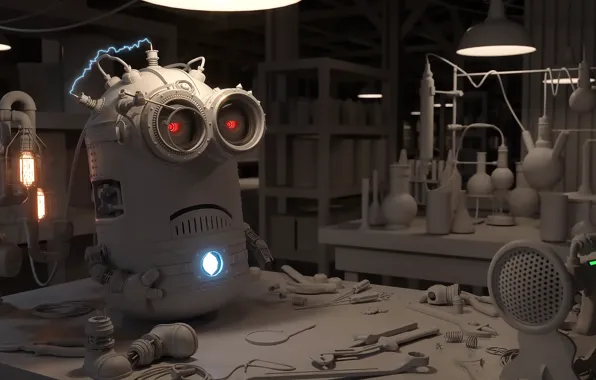Steampunk, workshop, repair, render, minions, robor