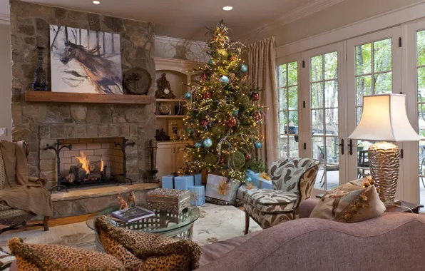Decoration, gift, tree, new year, Christmas, fireplace