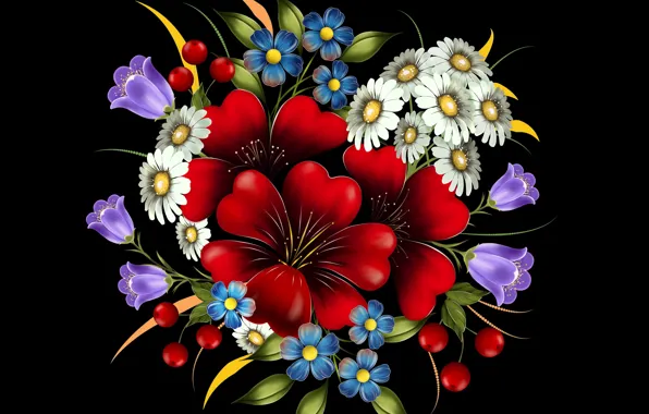 Vector, bouquet, petals, postcard