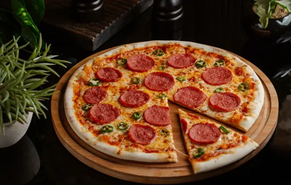 The dark background, table, food, cheese, pizza, circles, sausage, stand