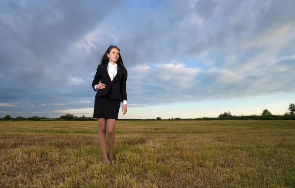 Picture field, the sky, grass, girl, clouds, nature, pose, skirt