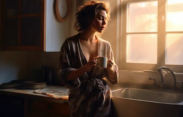 Girl, light, house, retro, rendering, morning, sink, window