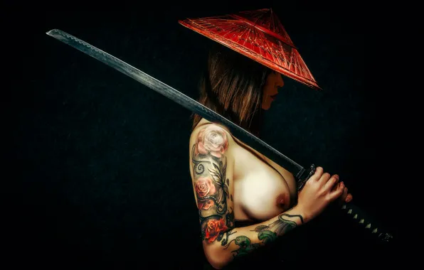 Chest, sexy, pose, background, model, body, sword, katana