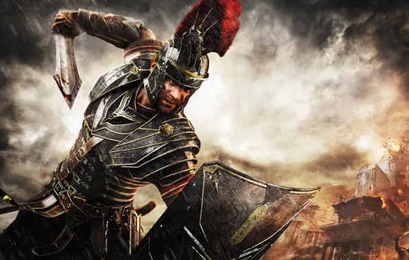 Picture clouds, rain, sword, warrior, Rome, shield, Crytek, Microsoft Game Studios