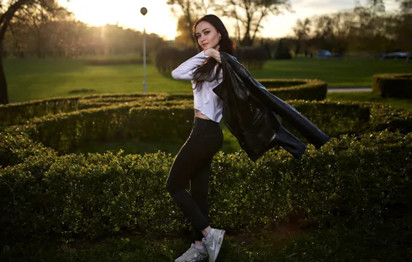 Greens, grass, the sun, trees, Park, jeans, makeup, Mike
