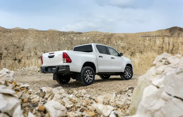 Picture white, stones, Toyota, pickup, Hilux, Special Edition, 2019, ground clearance