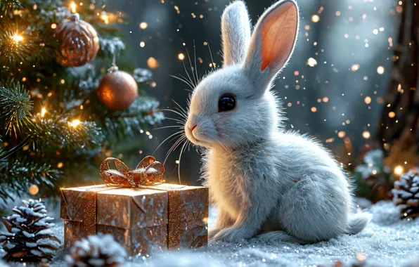 Winter, Rabbit, New year, Tree, Holiday, Gold, Hare, Gift
