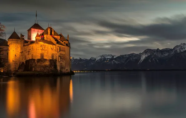 Picture forest, the sky, mountains, night, lights, lake, castle, Switzerland