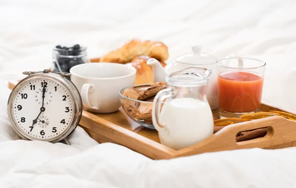 Glass, tea, watch, Breakfast, milk, juice, pitcher, tray