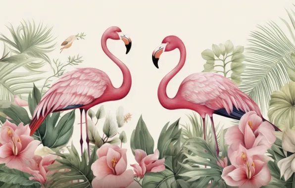 Leaves, flowers, birds, branches, nature, tropics, garden, pair