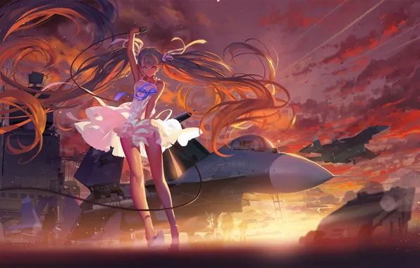 The sky, girl, clouds, sunset, the plane, anime, art, microphone