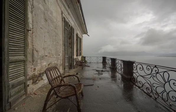 Landscape, river, home, chair, balcony