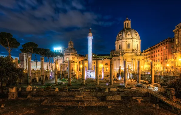 Night, the city, photo, Italy, the ruins, Rome, Trajans Forum