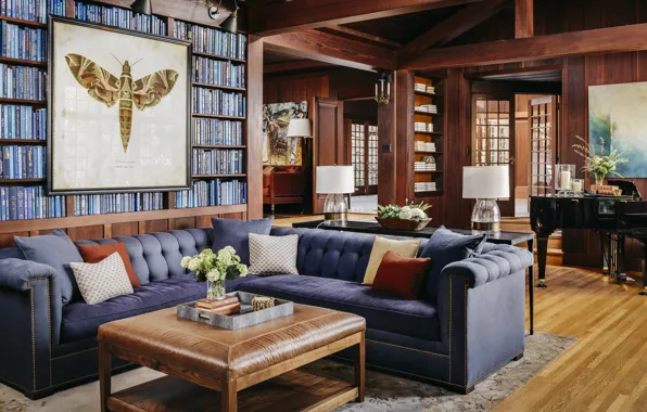 Design, style, interior, piano, library, California, living room, Craftsman Style house in Hillsborough