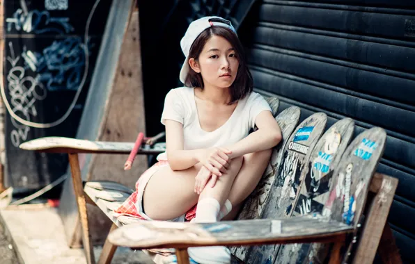 Summer, look, girl, cap, legs