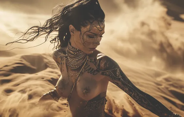 Sand, erotic, chest, girl, decoration, nature, pose, desert