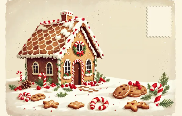 Winter, roof, snow, berries, glade, figure, Windows, cookies