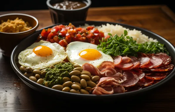 Greens, eggs, plate, meat, figure, scrambled eggs, vegetables, sauce