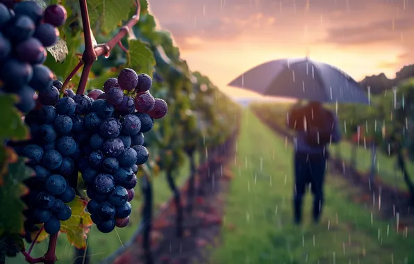 Field, the sky, drops, blue, rain, people, the evening, umbrella
