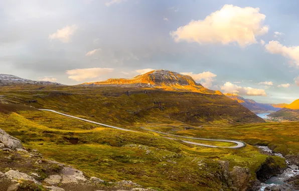Road, the sky, the sun, clouds, mountains, river, stream, stones