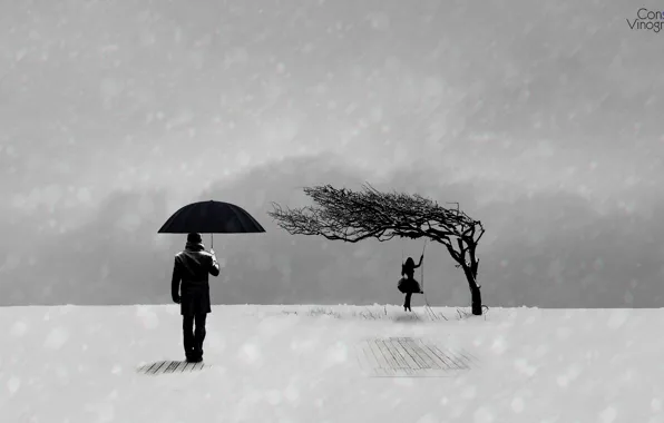 Winter, sadness, girl, mood, minimalism, black and white, guy