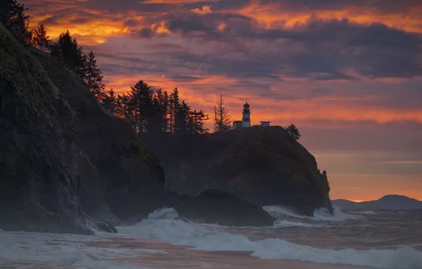 Sea, sunset, shore, lighthouse