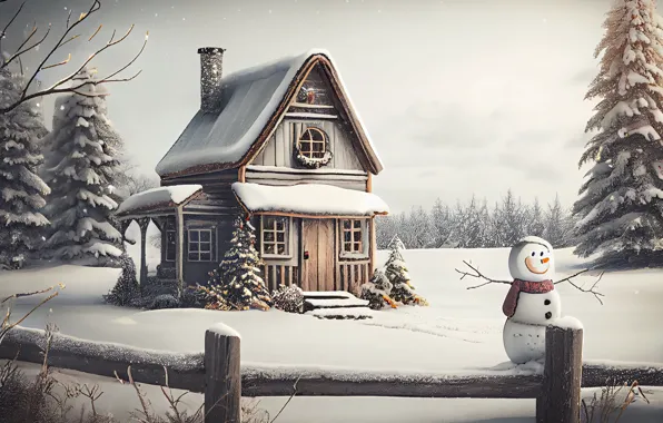 Winter, snow, house, hut, Christmas, New year, house, snowman