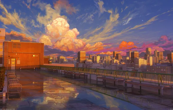 Picture skyscrapers, after the rain, railings, benches, megapolis, on the roof, pink clouds, puddle reflection