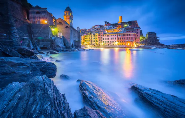 Coast, home, Italy, Church, night city, Italy, The Ligurian sea, harbour