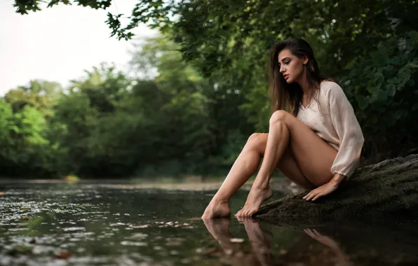 Trees, sexy, pose, pond, Park, model, makeup, figure