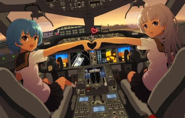 Picture the sky, sunset, the plane, girls, anime, art, button, heart