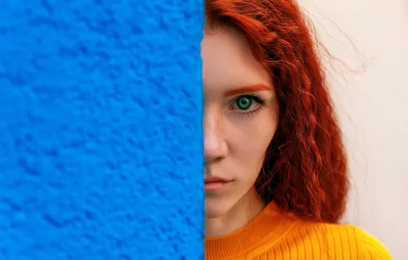 Picture look, girl, face, wall, portrait, red, redhead, Artem Semakin