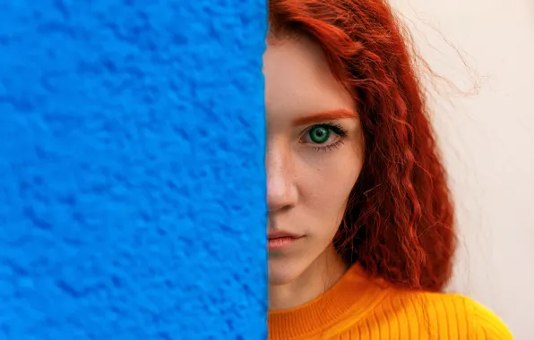 Look, girl, face, wall, portrait, red, redhead, Artem Semakin