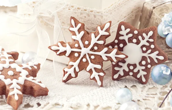 Snowflakes, cookies, sweets, Christmas, dessert, cakes, holidays, New Year