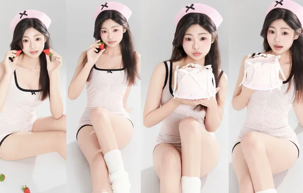 Beautiful, Cherry, Asian, Model, Smile, Woman, Cake, Cute