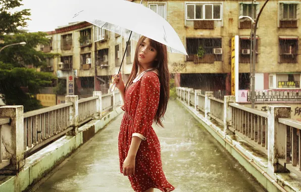 Picture look, girl, bridge, face, umbrella, rain, dress, Asian