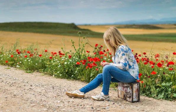 Road, field, summer, girl, flowers, mood, hills, woman