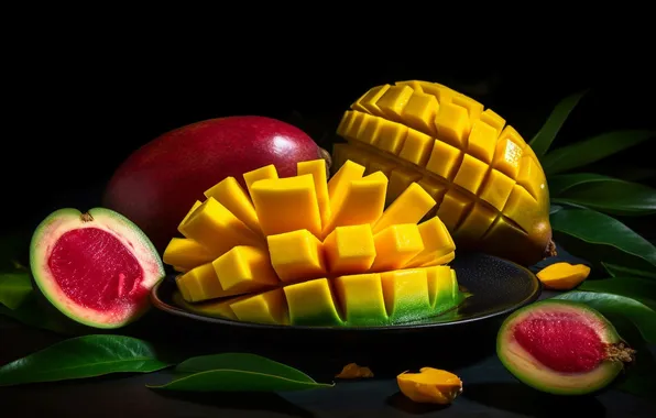 The dark background, table, cubes, plate, fruit, mango, cutting, AI art