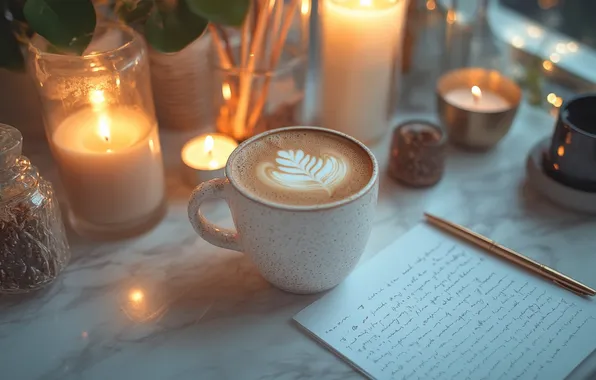 Comfort, paper, table, coffee, candles, Cup, records, cappuccino