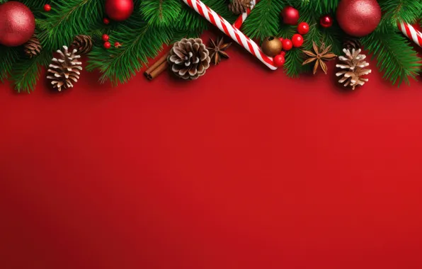 Balls, branches, Christmas, red, New year, needles, bumps, red background