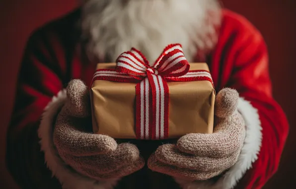 Box, gift, hands, Christmas, New year, gloves, beard, Santa Claus