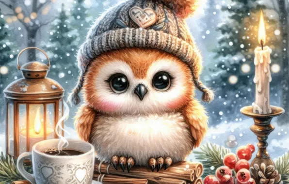 Winter, forest, snow, owl, bird, hat, new year, Christmas