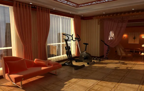 Picture design, style, room, sofa, interior, apartment, the place for sports, trainer