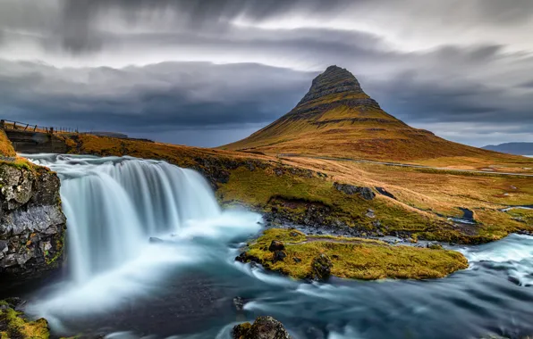 Picture autumn, clouds, mountains, river, stones, shore, tops, view
