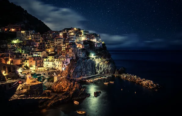 Picture sea, light, the city, mountain, the evening, lights, Italy