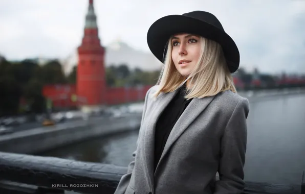 Landscape, the city, pose, river, model, portrait, hat, makeup