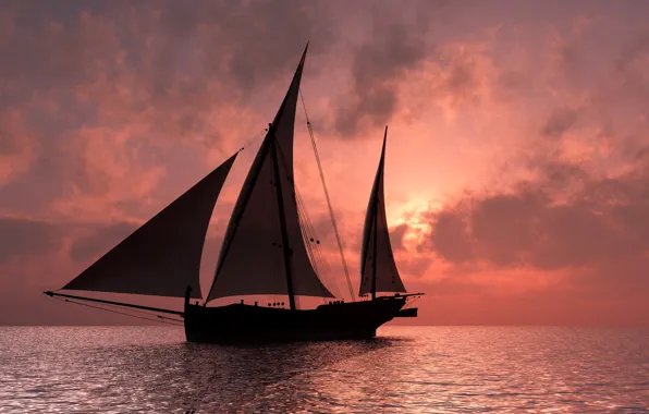 Picture sea, the sky, clouds, ship, horizon, glow, sail