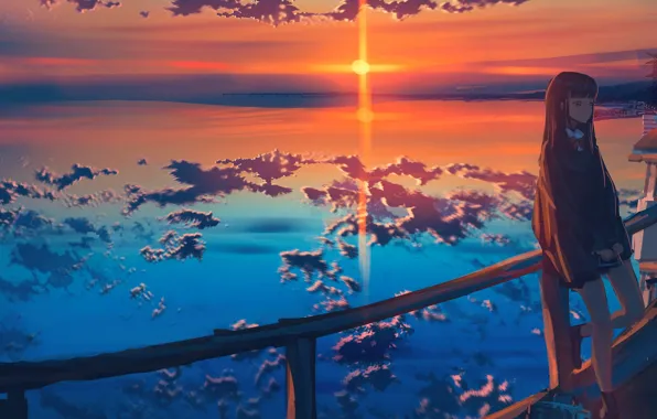 Picture the sky, water, girl, the sun, clouds, figure, Nakomo