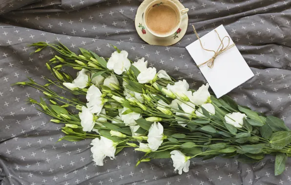 Picture flowers, bouquet, white, flowers, beautiful, romantic, coffee cup, eustoma