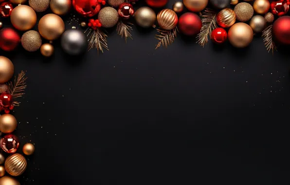 Decoration, the dark background, balls, new year, Christmas, golden, black, Christmas